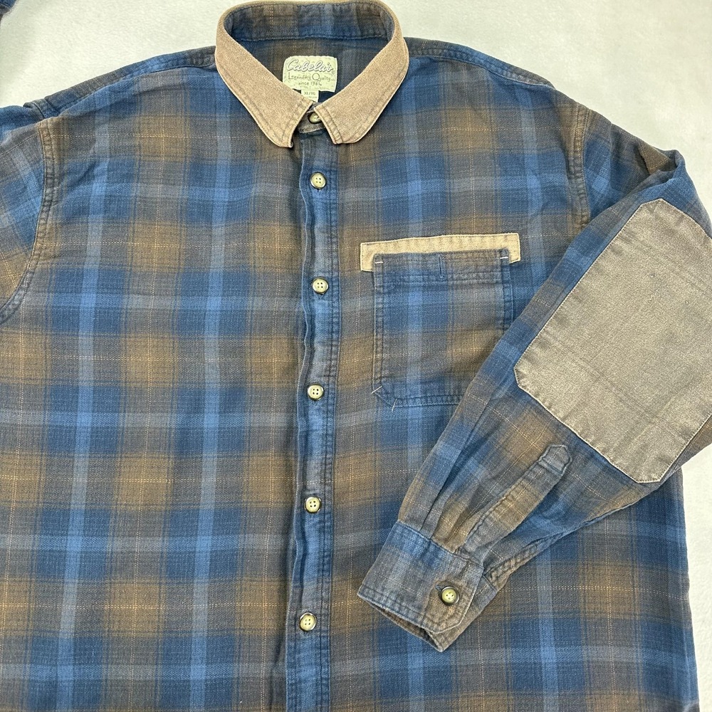 Cabela's Shirt Mens XL Blue Plaid Flannel Button Up Elbow Patches Workwear - Picture 1 of 10